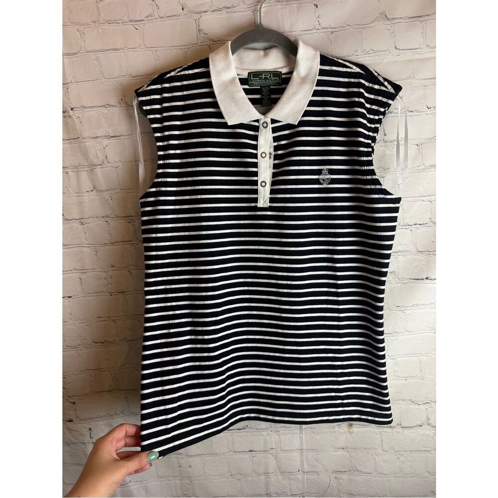 Lauren Ralph Lauren Black & White Striped Sleeveless Polo Top XL - Picture 5 of 9